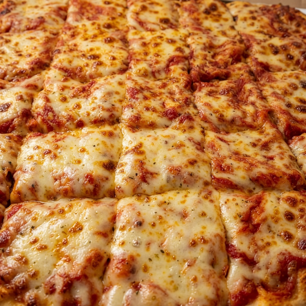 Pizza King cheese pizza cut in squares with golden bubbly mozzarella