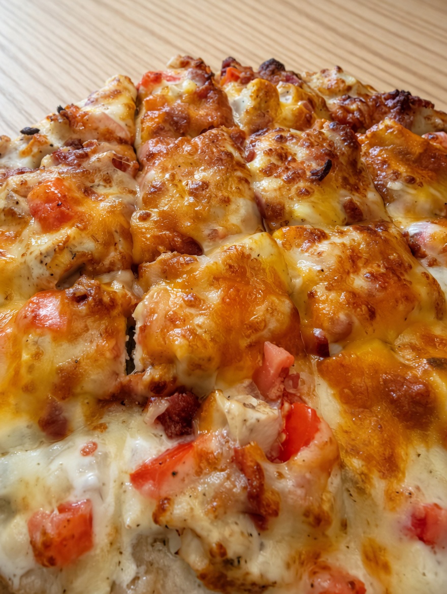 Pizza King Chicken Ranch Feast pizza — ranch sauce, chicken, bacon, onion, tomato, cheddar cheese