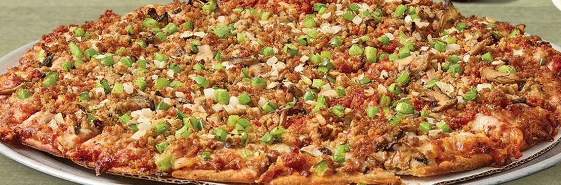 Pizza King Royal Feast pizza — pepperoni, sausage, mushroom, onion, green pepper