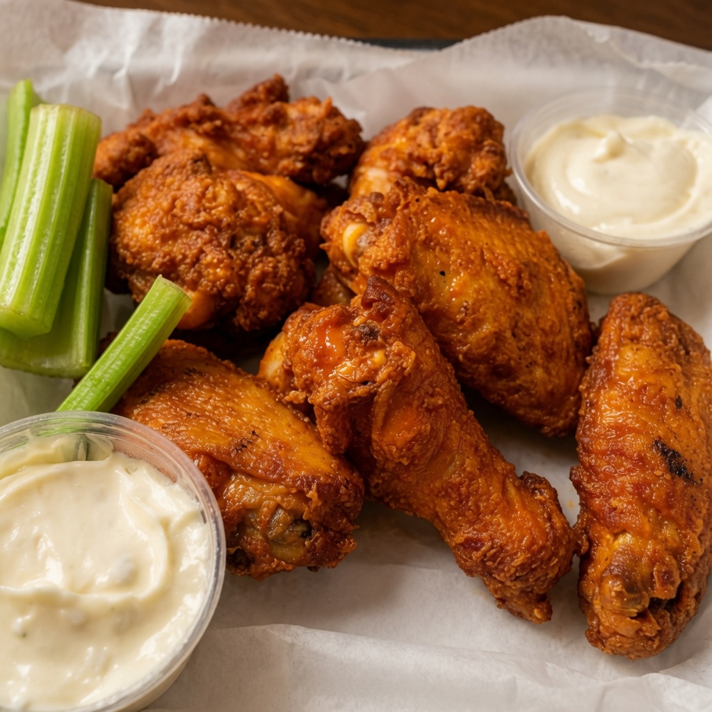 Pizza King crispy chicken wings with celery and dipping sauce